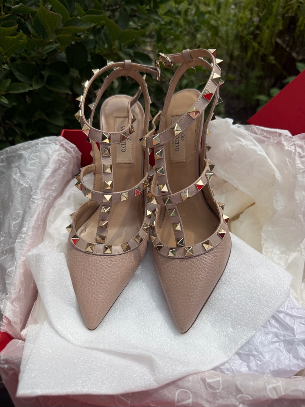 Studded Pointed-Toe T-Strap Pumps in Blush